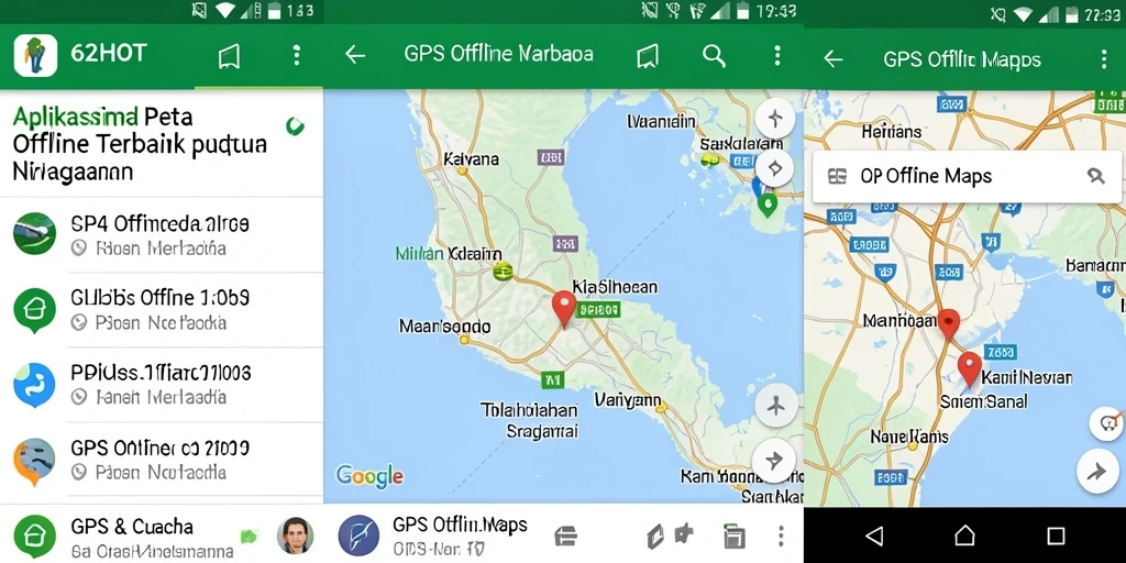 Tampilan antarmuka aplikasi GPS Offline Maps 62HOT dengan fitur navigasi.